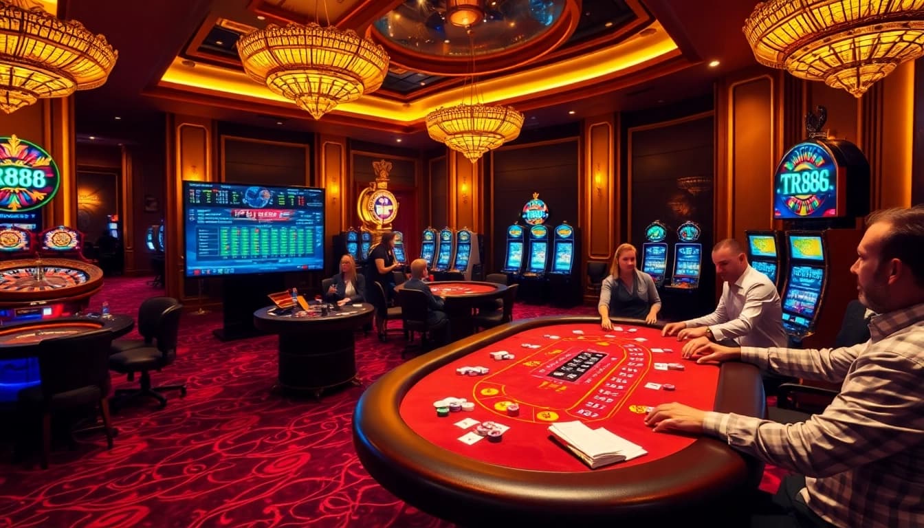 Engaging players experience tr88 in a vibrant casino atmosphere with poker tables and slot machines.