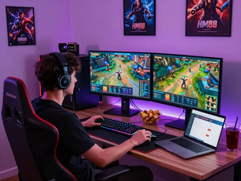 Engaged gamer enjoying HM88 online betting experience with vibrant game graphics and gaming accessories.
