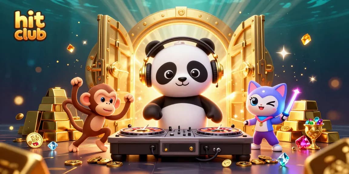 Engage with hit club's vibrant gaming scene showcasing DJ panda mixing on roulette wheels amidst glowing treasures.