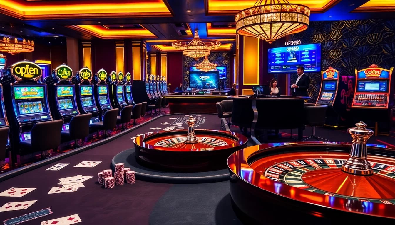 Experience the excitement of OPEN88 with an upscale casino scene featuring slot machines and poker tables.