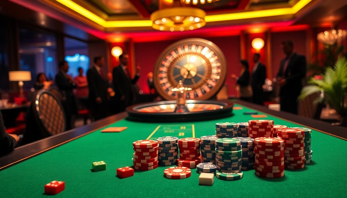 Players engaging in thrilling casino action at a luxurious table adorned with nohu-themed decor.