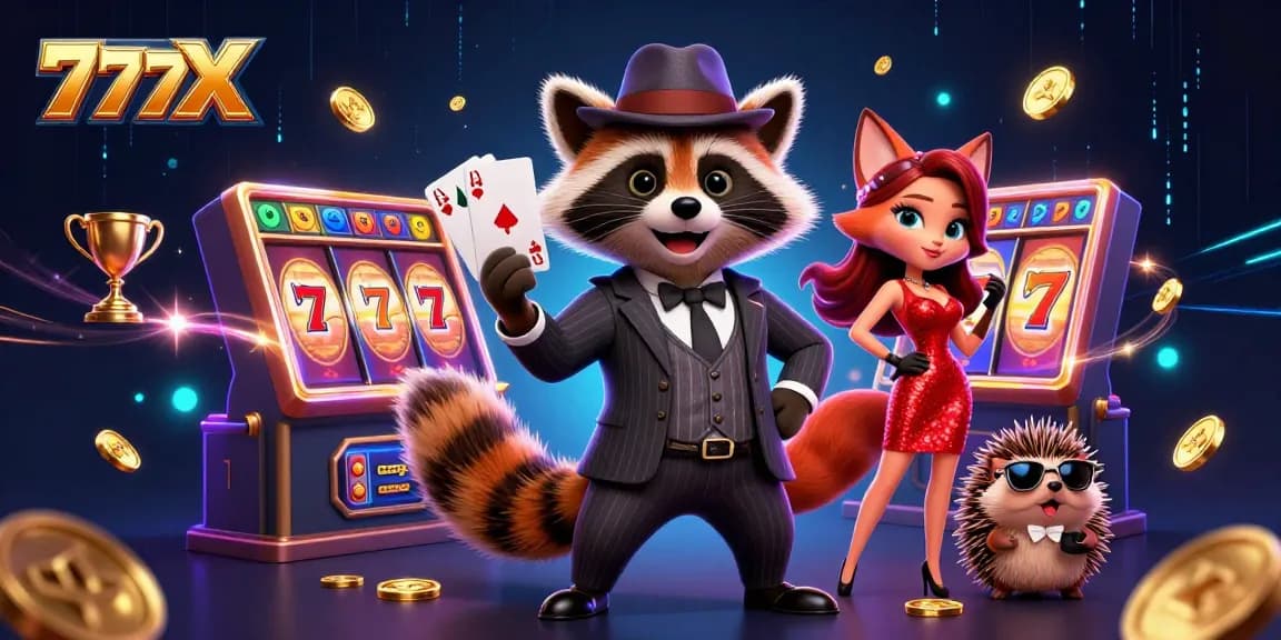 Experience winning thrills at 777X with a raccoon in a royal flush showdown amidst dynamic slot elements.