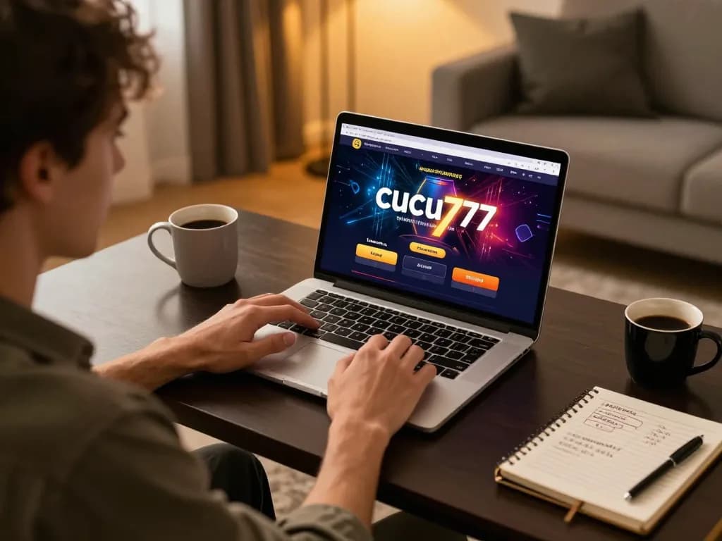 Engaging with cucu777 online casino platform on a modern laptop in a cozy gaming setup.