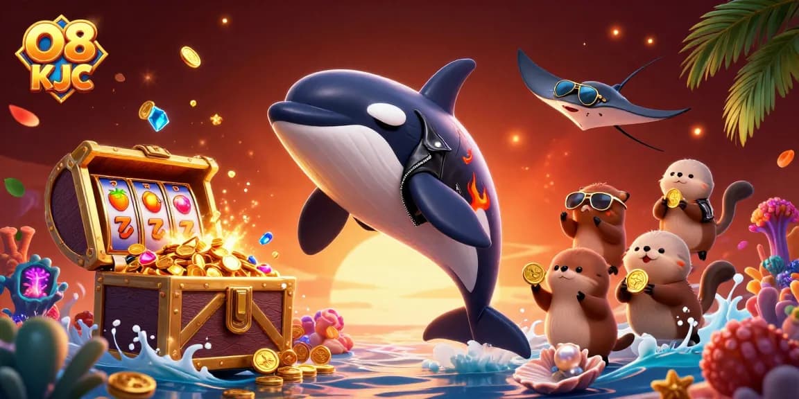 Engage in thrilling gaming at O8 KJC with an orca whale, stingray, and otters surrounded by slot symbols.