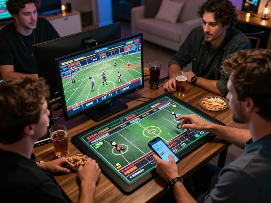 Engaged bettor analyzing odds on nhà cái lv88 mobile app during a lively sports betting evening.