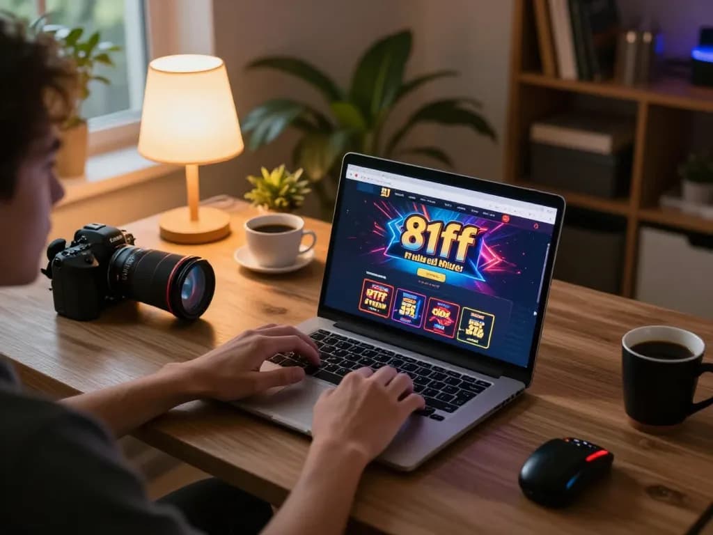 Engaging gameplay on 81ff platform with person playing slots on laptop in cozy home setting.