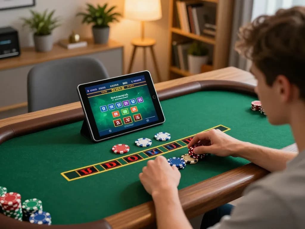 Player enjoying online gambling at home using digitalwala for blackjack strategy and betting.