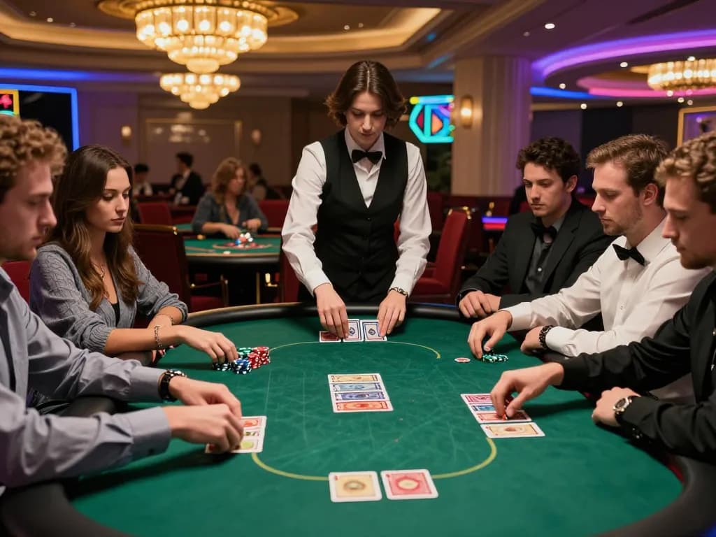 Players engage in strategic poker at a luxurious 79king-vn casino table, showcasing vibrant chips and community cards.