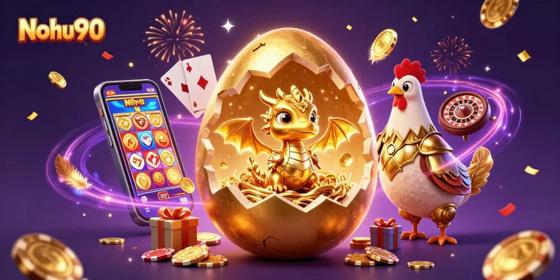 Nohu90 showcases a golden dragon emerging from a poker chip nest, symbolizing winning excitement.
