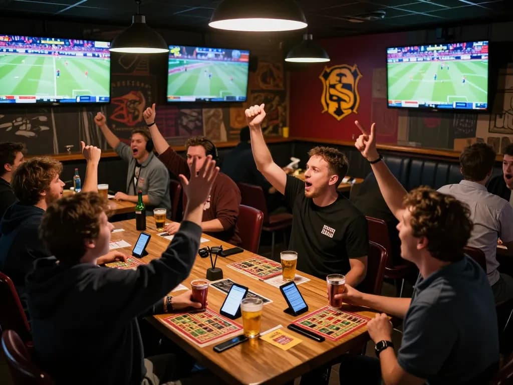 Exciting sports betting scene at 789win with enthusiastic fans watching live games