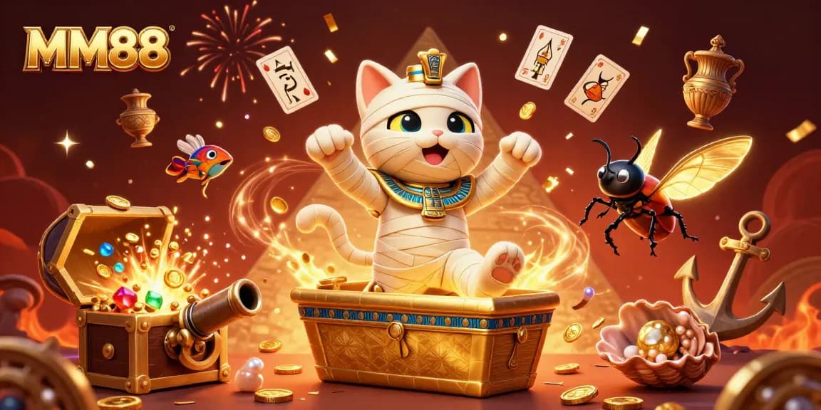 Experience the excitement of MM88 with animated Egyptian characters and casino elements in play.
