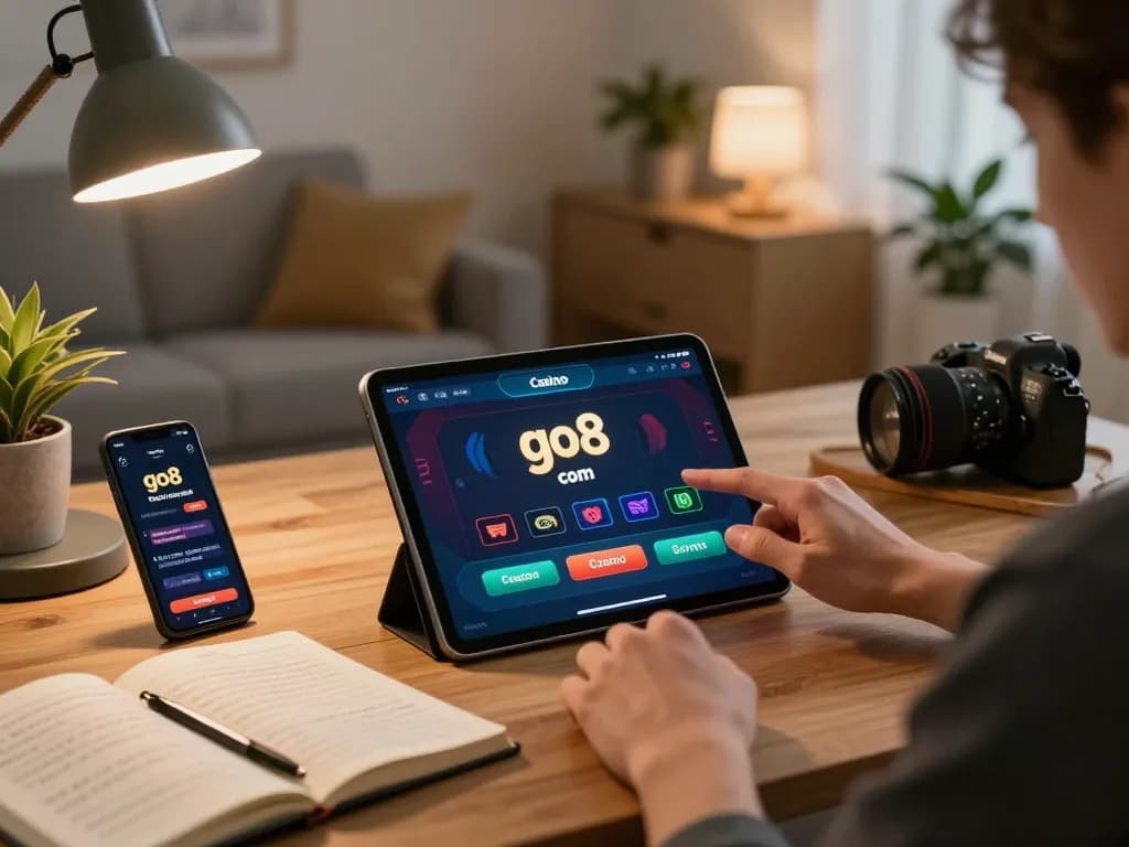 Person accessing the go8 com casino app on a tablet, featuring warm home lighting and strategic betting environment.