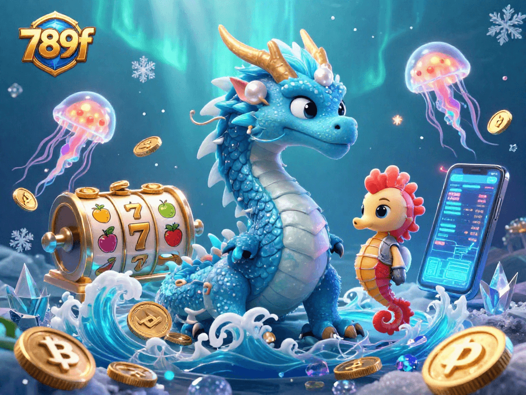 Engage with the thrilling 789f slots, enhanced by a vibrant underwater scene featuring a majestic dragon and neon elements.