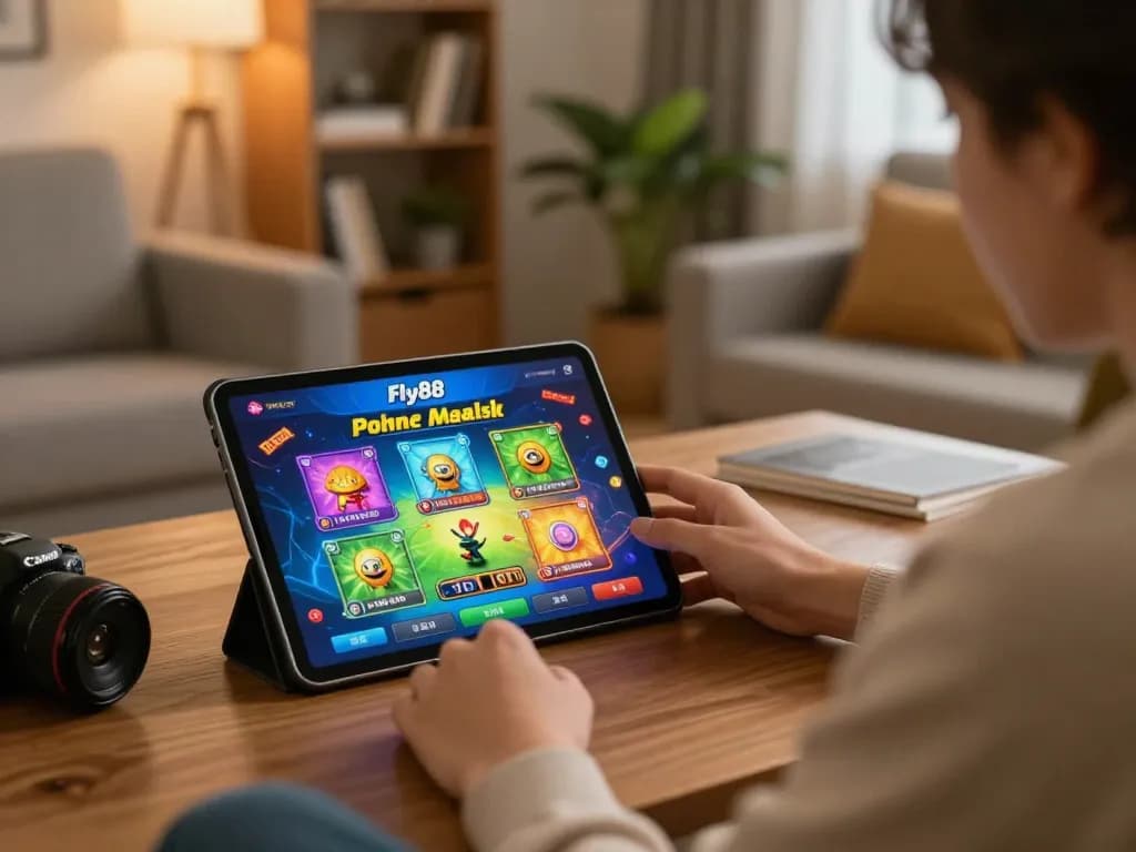 Engaging online gaming scene showing a user tapping the Fly88 link on a tablet in a cozy setting