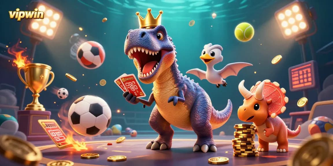 Experience exciting gaming adventures at vipwin with a T-Rex and friends winning at cards.