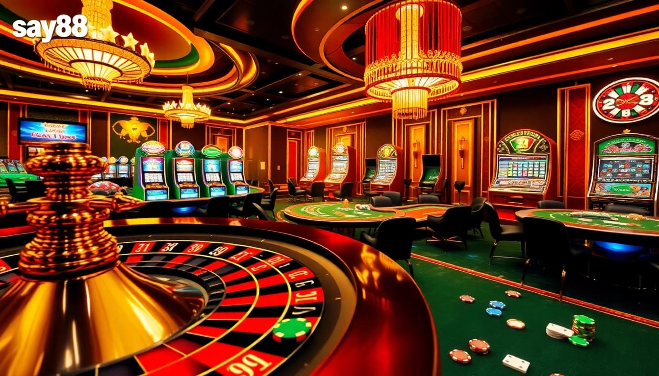 Experience the excitement of say88 with vibrant casino scenes featuring roulette wheels and poker tables.