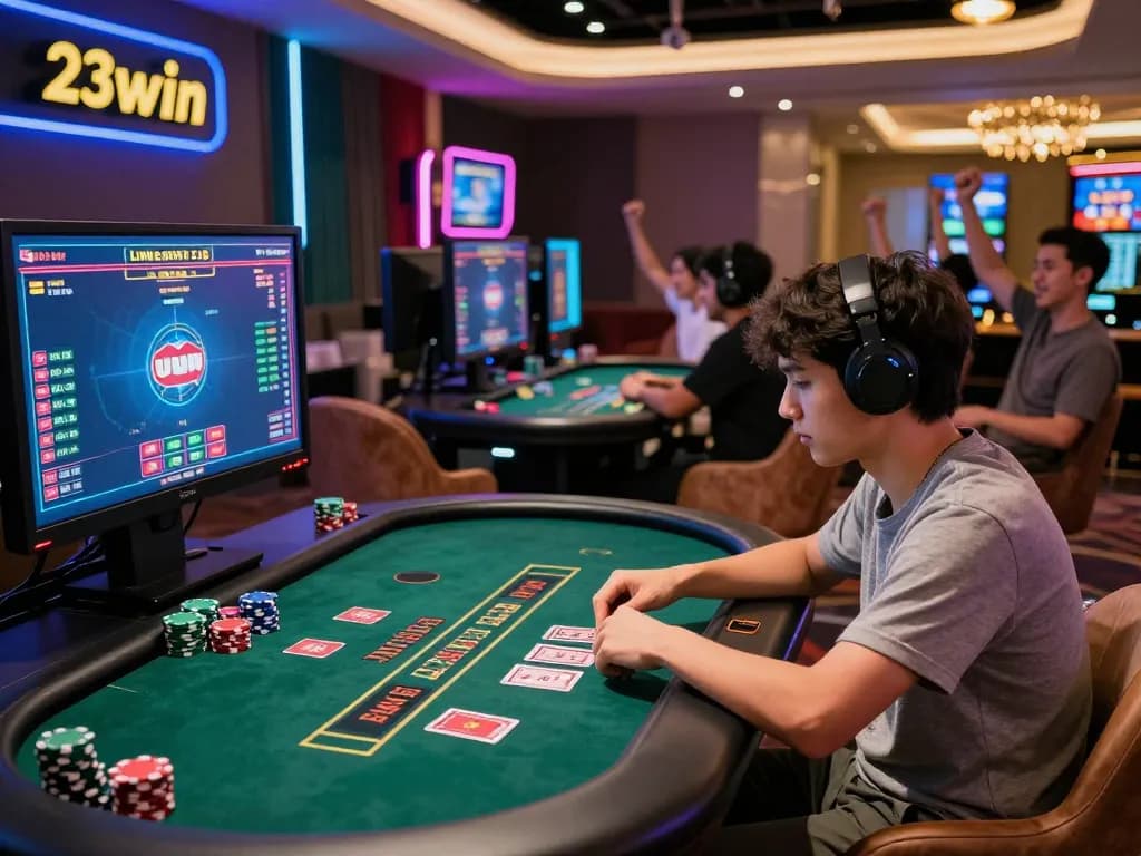 Exciting online gaming experience at 23win's modern casino table with enthusiastic players.