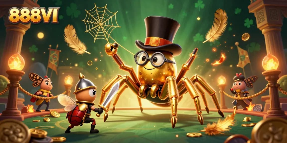 Engage with 888VI's thrilling world of gambling featuring a giant tarantula weaving golden threads.