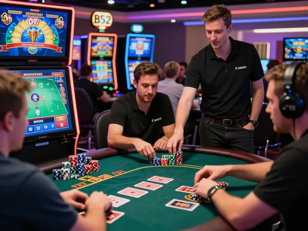Players enjoying B52 casino games with vibrant lights and engaging dealers creating an exciting atmosphere.