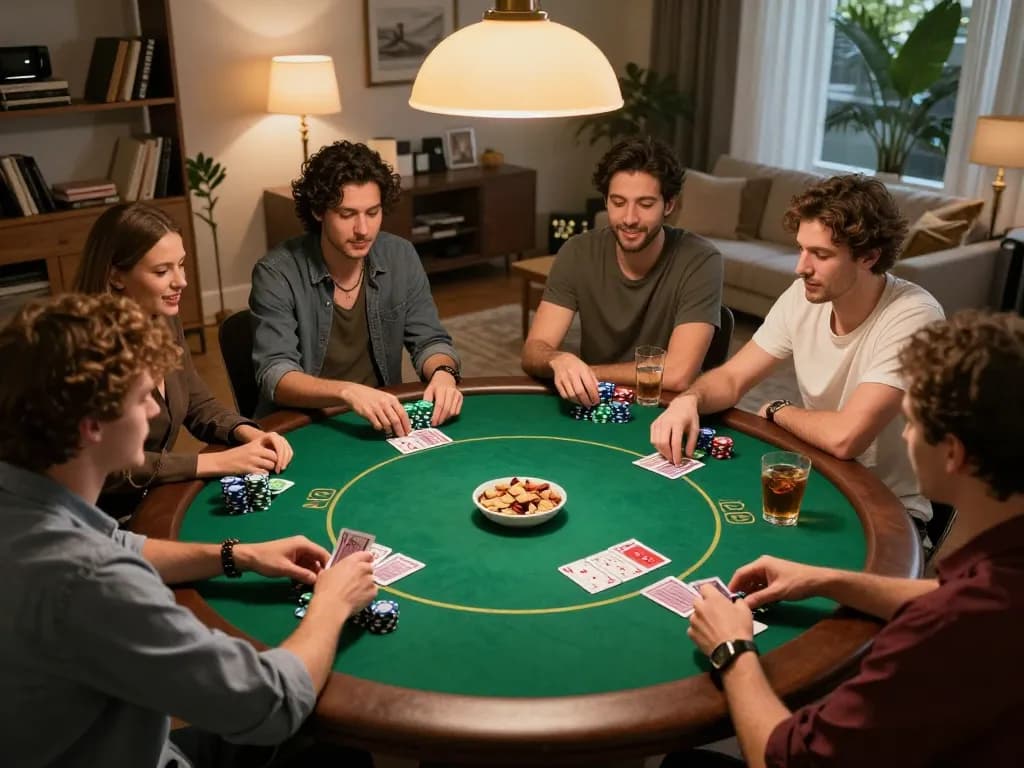 Friends enjoy a thrilling game of poker at home, showcasing 999E's community aspect.