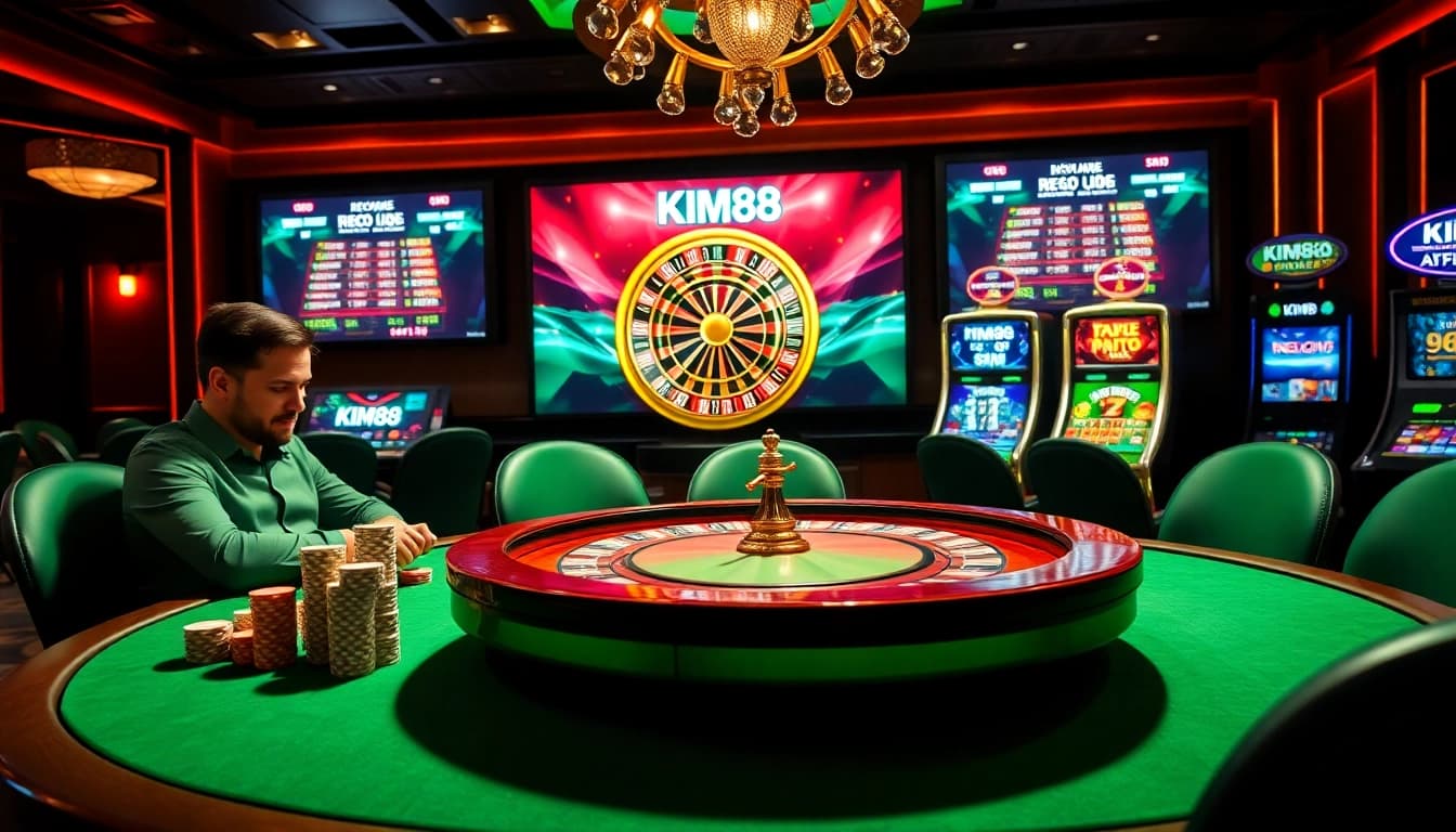 A vibrant casino environment showcasing the kim88 club with poker tables, chips, and a spinning roulette wheel, highlighting thrill and elegance.