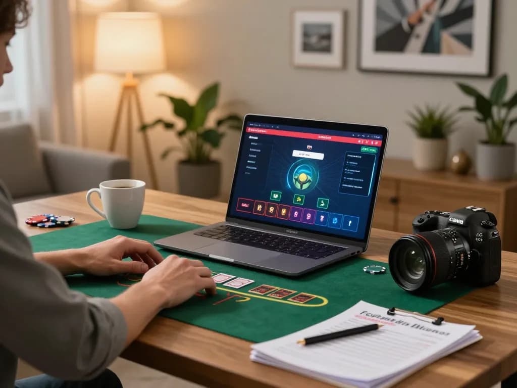 Player engaging in live dealer blackjack on alc88 platform at home with strategic notes and warm lighting.