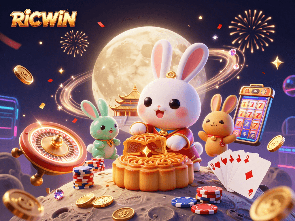 RICWIN celebrates luck with a rabbit creating poker chip mooncakes in a festive casino scene.