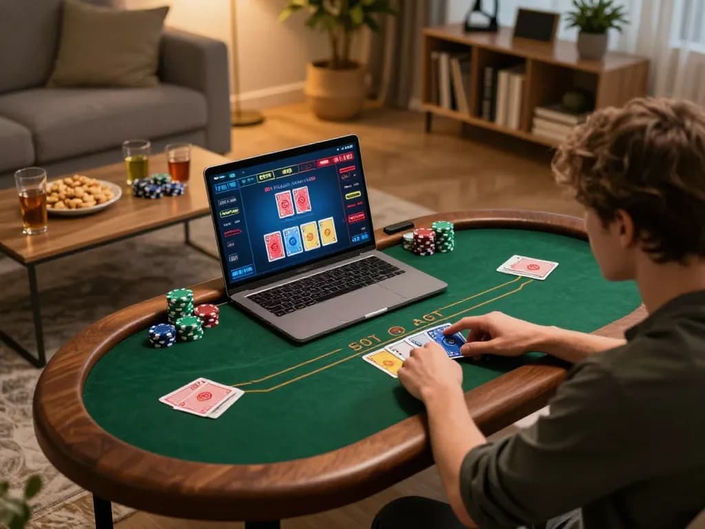 Player enjoying an online poker game at home, showcasing okking1 in action with vibrant cards and chips on screen.