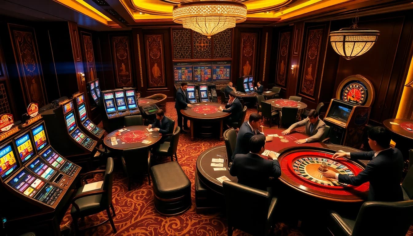 8DAY casino excitement with players at poker tables and vibrant slot machines.