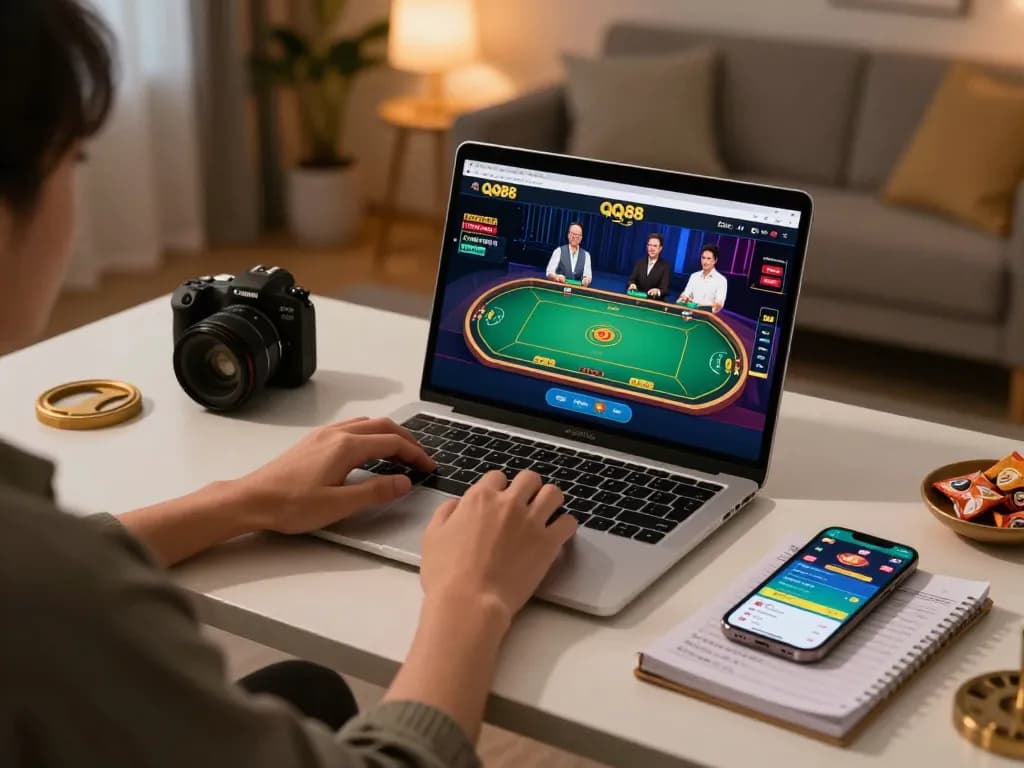 Engaged player using QQ88 on laptop in cozy home setting for online gaming experience