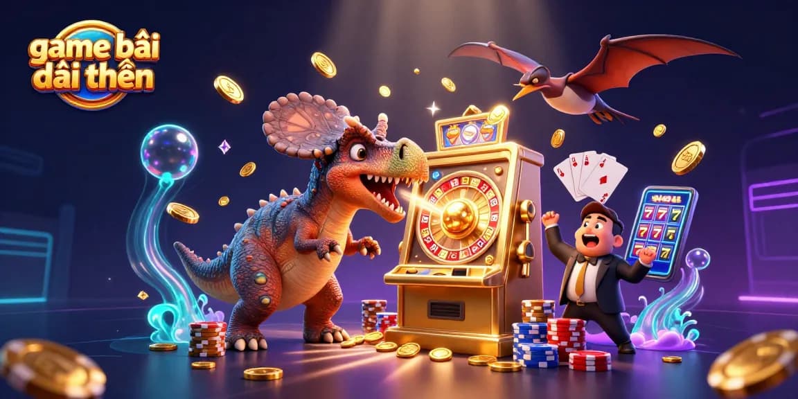 Experience game bài đổi thưởng excitement as a dinosaur hits a slot machine for jackpot coins, with colorful casino elements.
