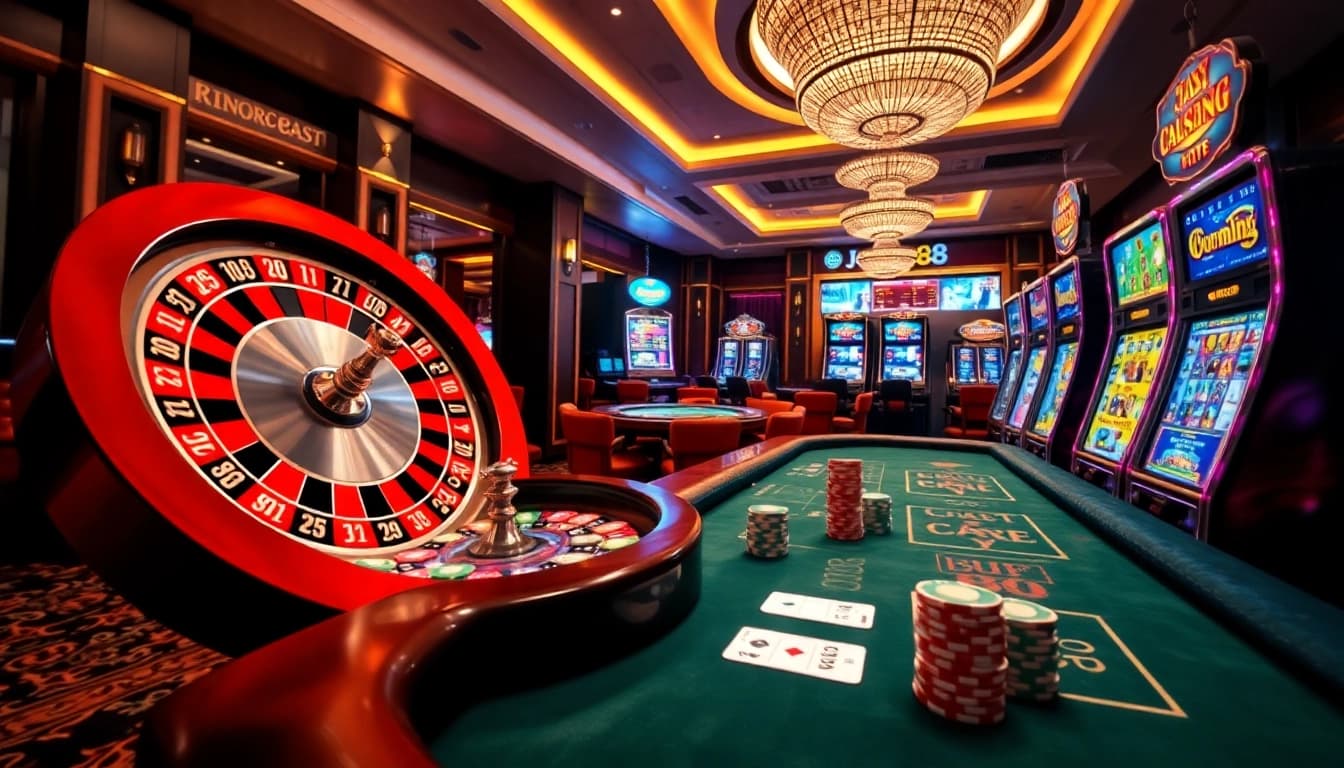Experience the excitement of gambling with Jun88 at a luxurious casino featuring roulette and poker.