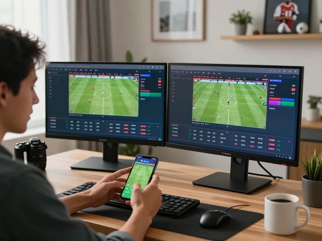 Excited user placing bets on kuwin1 mobile app in a cozy home office, showcasing vibrant betting environment