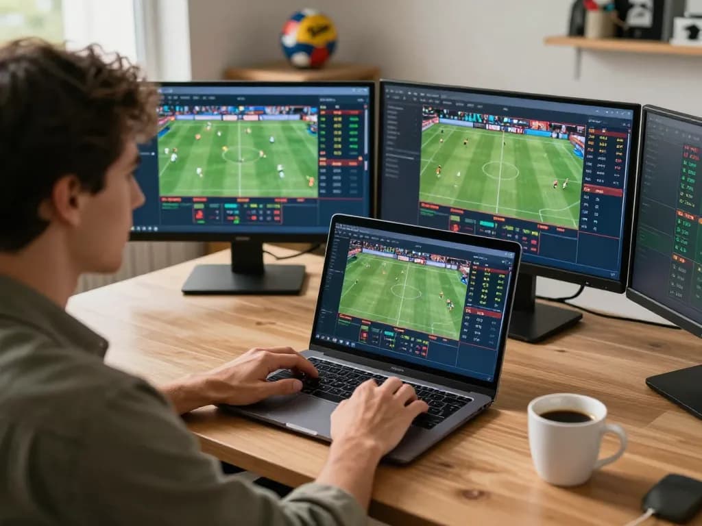 Engaging sports betting with keonhacai5 displayed on laptop in a modern workspace.