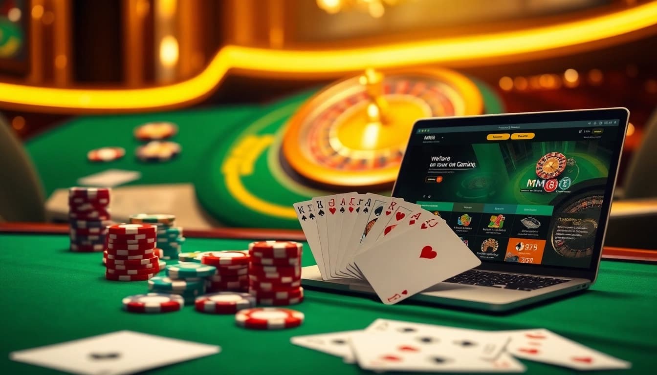 Experience online gambling excitement with MM88's vibrant casino visuals featuring chips, cards, and roulette.
