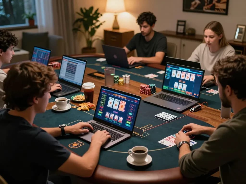 Engaging online poker gameplay at home with hit club themes and vibrant game interface.