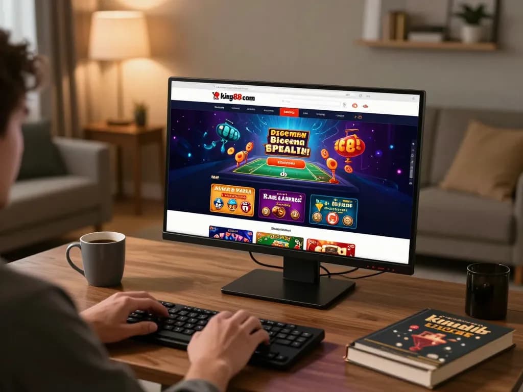 Engaging with king88 com gaming platform at home, showcasing vibrant casino game interface.