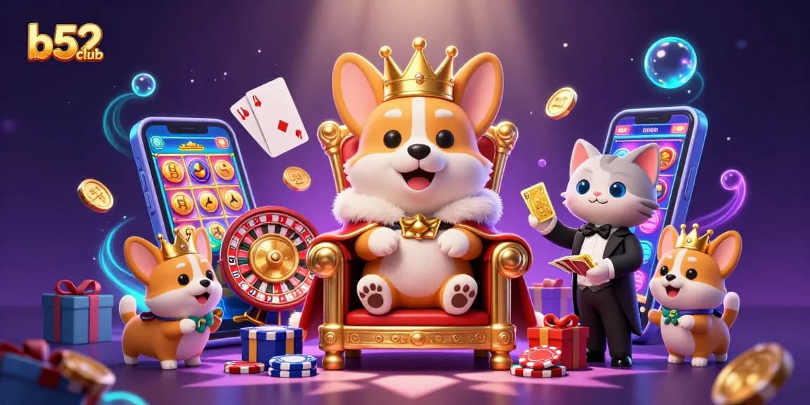 Experience the excitement of b52club as royal corgis celebrate winnings amid vibrant casino elements.