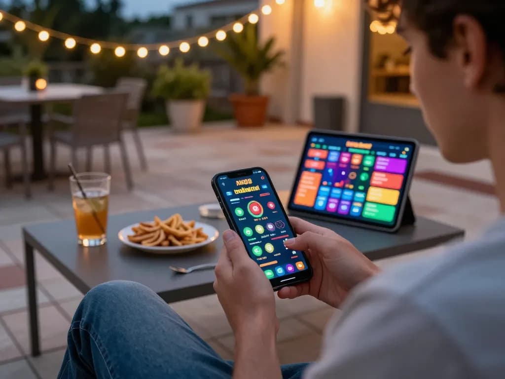 Engaging with the nk88 bet app on a smartphone in a cozy patio setting, showcasing casual online gambling.