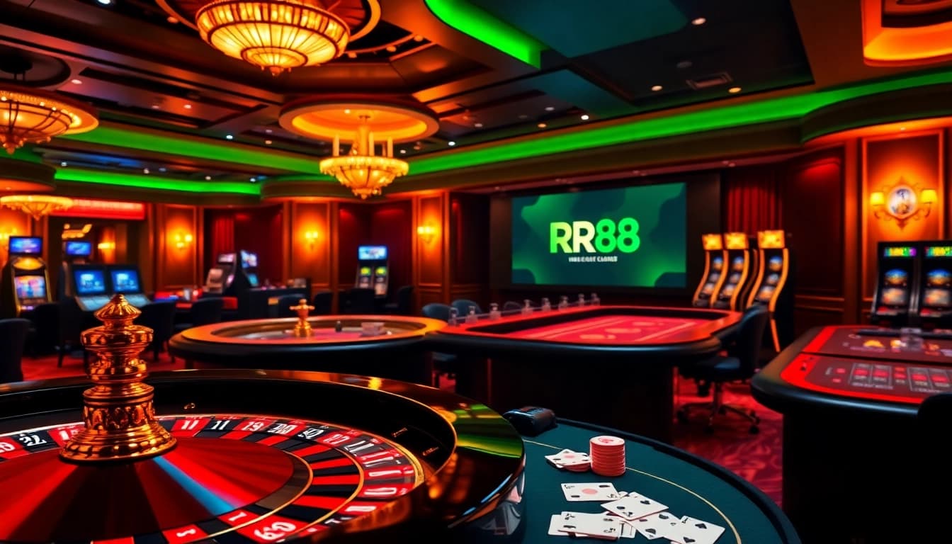 Experience the excitement of RR88 with vibrant casino tables and glowing roulette wheels in a luxurious setting.