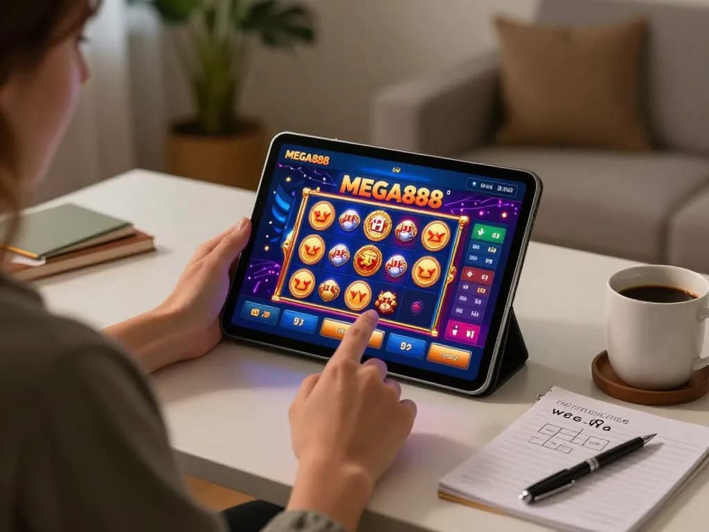 Engaging with the MEGA888 casino app on a tablet in a cozy home office, showcasing online gaming.