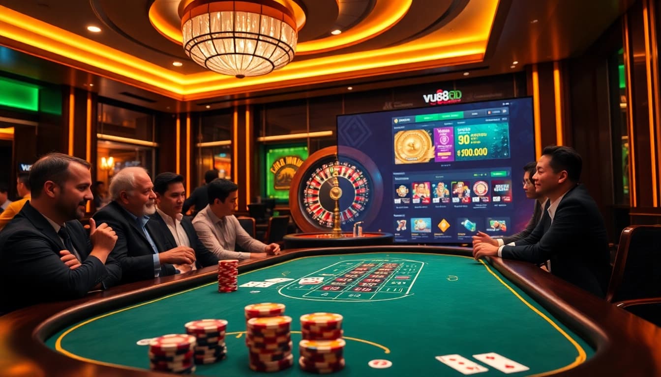 Experience the excitement of gaming at vu88 club, featuring vibrant poker chips and a high-stakes atmosphere.