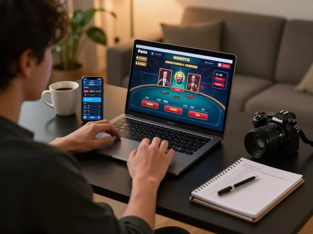 Experience dynamic gameplay at 9win with a player engaged in online casino action in a cozy home setting.