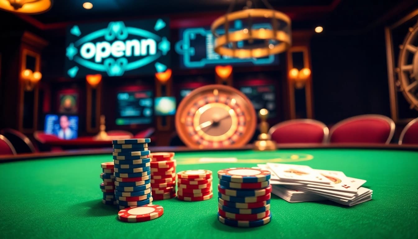 Experience thrilling online gambling with open88 at a luxurious poker table, complete with vibrant chips and cards.