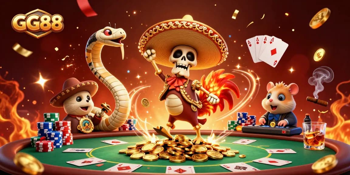 Experience exciting victories at GG88 with colorful characters celebrating a jackpot win in a lively casino atmosphere.