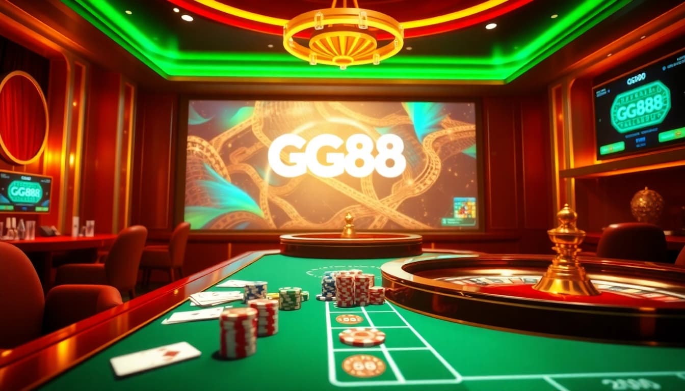 Exciting online gambling scene showcasing gg88 ltd with casino tables, cards, and roulette wheel.