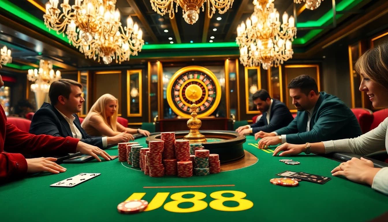 Engaged players at U888 poker table in vibrant casino atmosphere, showcasing strategy and excitement.