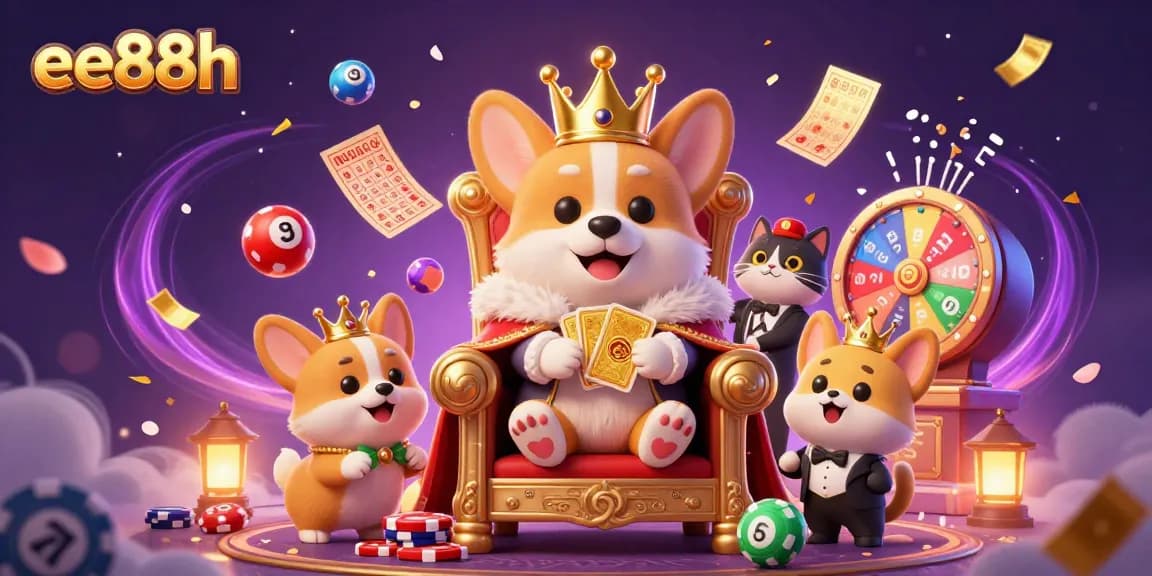 Engage in thrilling gameplay at ee88h, depicted in a vibrant 3D illustration with the royal corgi surrounded by dynamic casino elements.