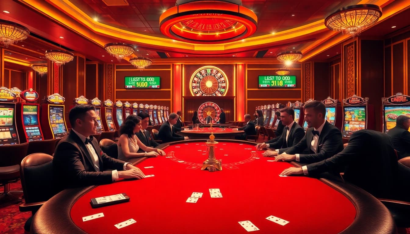 An exciting casino scene at https://xx88.promo/ with players engaging at poker tables and vibrant slot machines.
