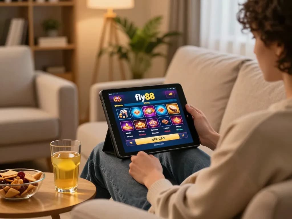 Player enjoying online gambling on fly88 tablet in cozy home setting.